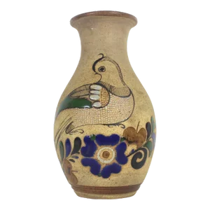 Vintage Mexican Pottery Vase With Bird Blue Brown Tonala Mexico Glazed Interior Signed