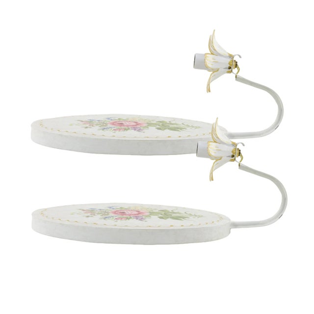 English Pair of Vintage English-Painted Floral Decor Metal Wall Lamps For Sale - Image 3 of 11