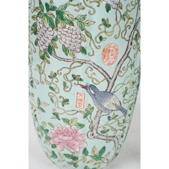 Mid 20th Century Striking Celadon Ground Chinese Porcelain Vases With Wisteria, Songbird & Seal Marks – 20th Century Chinoiserie Pair For Sale - Image 5 of 7