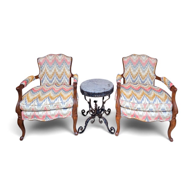 Pair of Mid-Century French Louis XV Style Walnut Bergère Fauteuils With Ikat Upholstery For Sale - Image 4 of 13