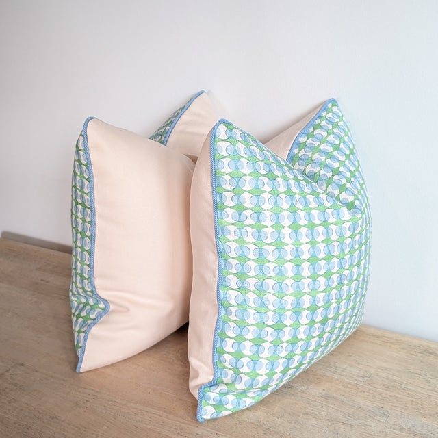 Transitional Galbraith & Paul Ovals Pillows in Blue and Green- Pair With Blue Braided Cord For Sale - Image 3 of 6