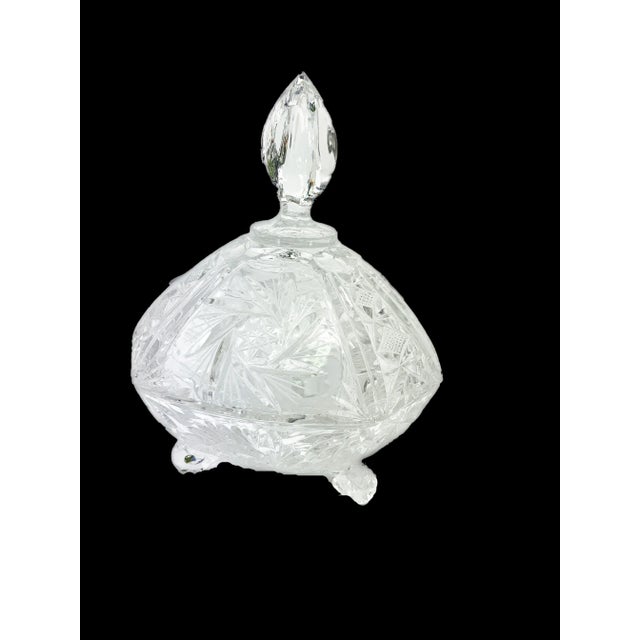 Vintage Cut Crystal 3 Leg Swirled Star Pinwheel Design Covered Candy Dish For Sale - Image 9 of 10