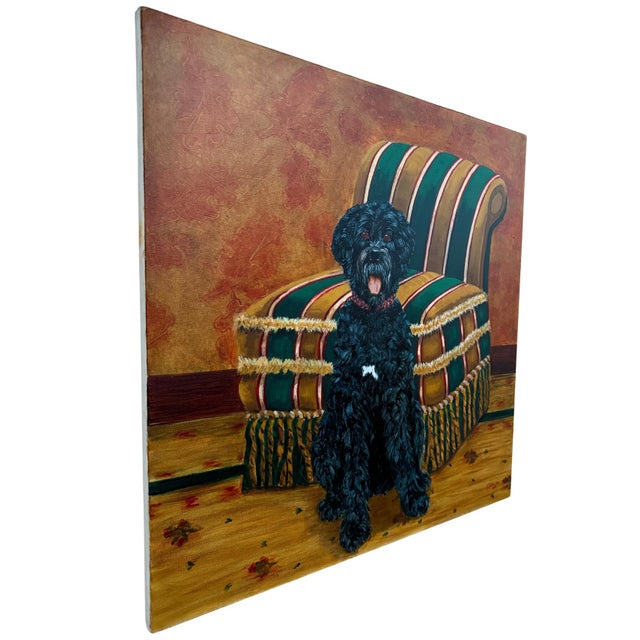 Pair of Large Original Oil Portraits of a Portuguese Water Dog on a Striped Bergère For Sale - Image 4 of 14