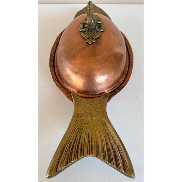 Mid 20th Century Hammered Copper & Brass Fish Server With Ornate Lid and Handle For Sale In Charleston - Image 6 of 11