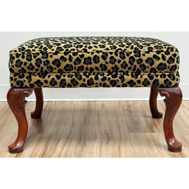 Hollywood Regency Vintage Curved Wood Leg Upholstered Leopard Print Ottoman For Sale - Image 3 of 10