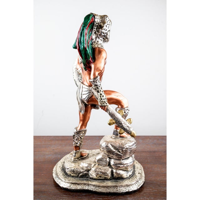 Mexican Late 20th Century Martin Mendoza “Leopard Warrior” Monumental Plata Artistica .999 Silver Clad Aztec Warrior Sculpture for D’Argenta For Sale - Image 3 of 11