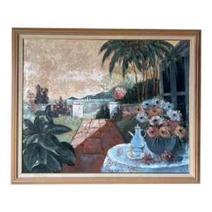 1980's Lee Reynolds Tropical - Coastal Garden Landscape Painting, Framed
