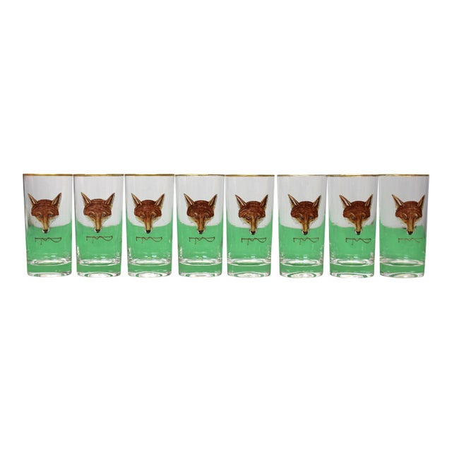 Set X 8 Hand Painted Fox Mask W/ Riding Crop Highball Cocktail Glasses For Sale