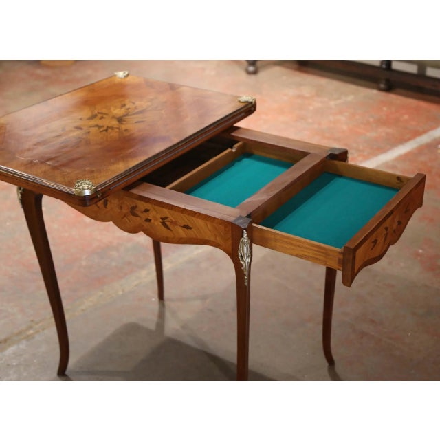 19th Century French Louis XV Walnut Marquetry Folding Game Table With Felt For Sale - Image 10 of 12