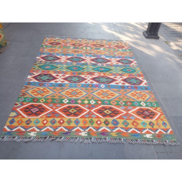Turquoise Vintage Mid-20th Century Anatolian Flatwoven Kilim 7'9" X 5'7" For Sale - Image 8 of 8