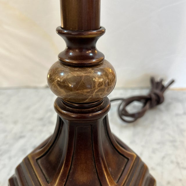 Bronze Finish Metal and Stone Lamp With Custom Silk Shade For Sale - Image 4 of 9