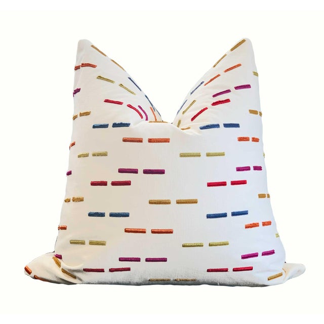 Transitional Brightly Colored Embroidered Pillows on White Canvas - a Pair For Sale - Image 3 of 6