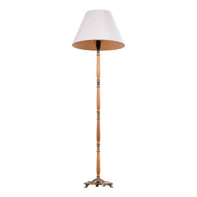Danish Teak and Brass Floor Lamp with Original Shade, 1960s For Sale