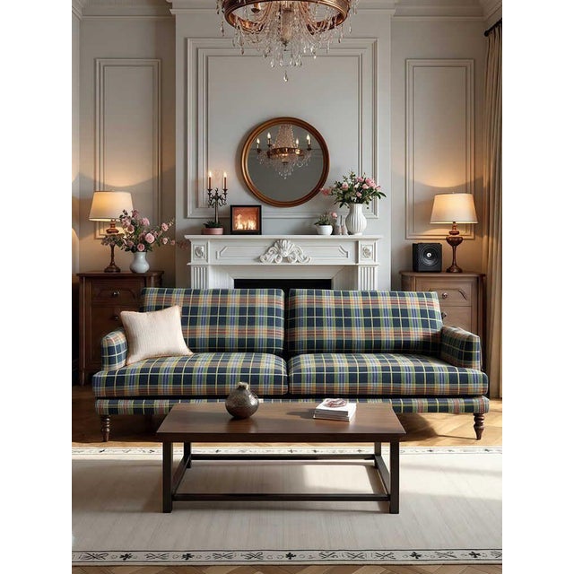 Modern Vintage Plaid Fabric Sofa Classic Lounge Couch for Living Room, Designer South For Sale - Image 3 of 5