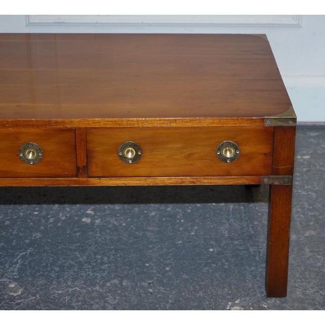 Vintage Military Campaign Burr Yew Wood and Brass 3-Drawer Coffee Table For Sale - Image 4 of 16