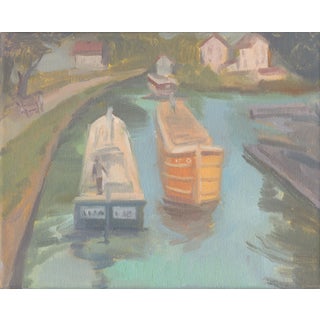 Impressionist Canal Boat Scene, Original Oil Painting by Michelle Farro For Sale