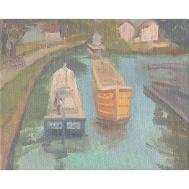 Impressionist Canal Boat Scene, Original Oil Painting by Michelle Farro For Sale