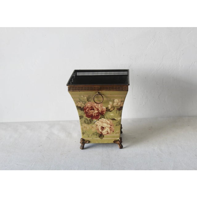 19th Century French Style Sheet Metal Cachepot Wastebasket Planter Flowers Hoop Handles Footed Details Vintage For Sale - Image 4 of 14