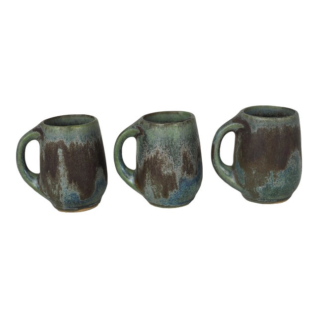 Early 20th French Denbac Miniature Flamed Stoneware Art Nouveau Mugs- Set of 3 For Sale