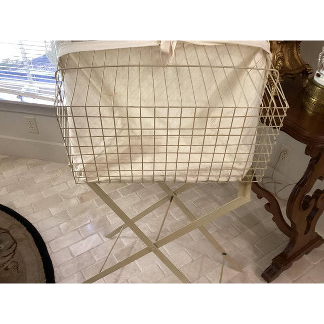 Yellow Mid 20th Century Metal Laundry Ironing Basket on Collapsible Frame Newer Homemade Yellow Liner For Sale - Image 8 of 10