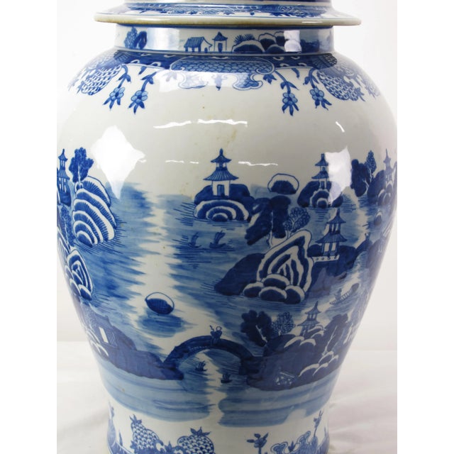 Large Chinese Blue and White Porcelain Ginger Jar With Hand Painted Scenery For Sale - Image 4 of 11