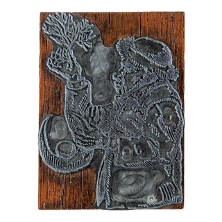 Etched Metal & Wood Print Block Santa Christmas For Sale