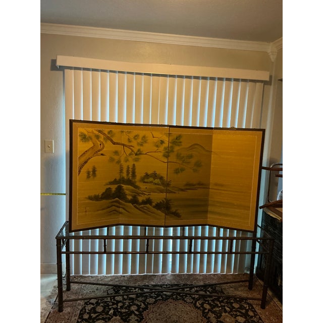 Vintage Japanese hand‑painted landscape byōbu screen, featuring mist‑covered mountains, pine branches, thatched‑roof...