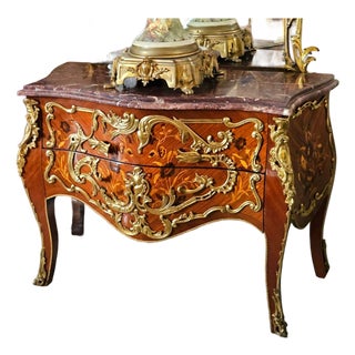French Louis XV Bombe Commode – Floral Marquetry, Marble Top & Hand-Applied Gold Leaf Details For Sale