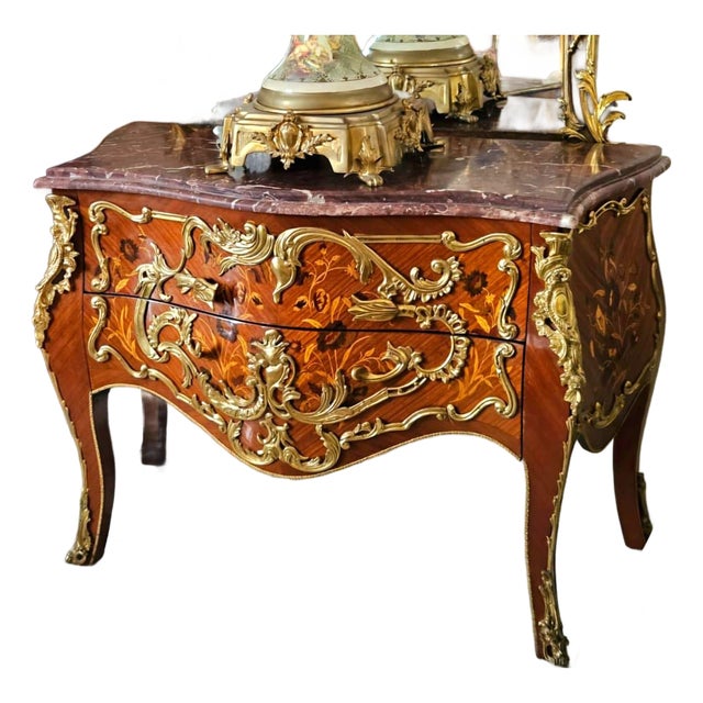 French Louis XV Bombe Commode – Floral Marquetry, Marble Top & Hand-Applied Gold Leaf Details For Sale
