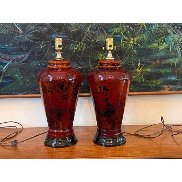 Mid 20th Century Vintage Red & Black Mottled Art Glass Table Lamps – Pair For Sale - Image 5 of 12