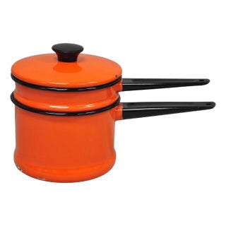 Vintage Enamel Orange & Black Metal Double Boiler Nesting Pot W/ Lid For Sale