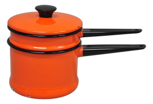 Vintage Enamel Orange & Black Metal Double Boiler Nesting Pot W/ Lid