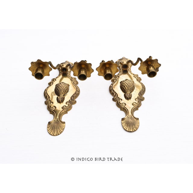 Large Vintage Brass Ornate Sconces Pineapple and Clam Shell Design - Set of 2 For Sale In Greenville, SC - Image 6 of 9