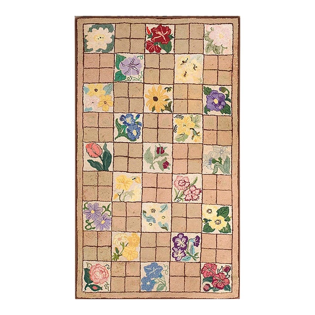 1940s Tan-Taupe Floral Checkerboard Folk Art Antique American Hooked Rug 3'9"x 5'6" Wool Carpet For Sale