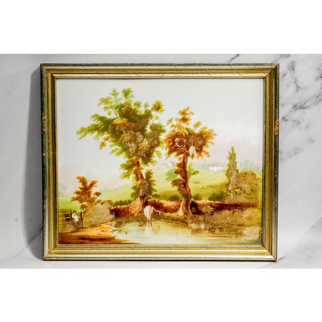 Pair Antique 19th Century Hand Painted Porcelain Plaques Rustic Victorian Pastoral Country Farm Scenes Wall Home Decor Art For Sale - Image 9 of 18