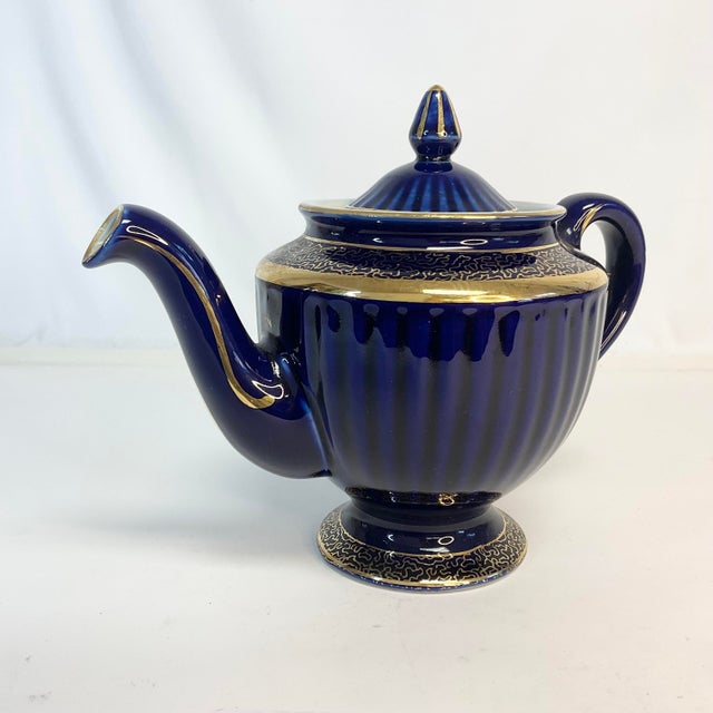 1950s Vintage Art Deco Hollywood Regency Cobalt Tea Pot, Hall China Company. For Sale - Image 10 of 12
