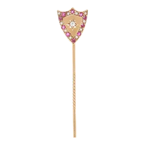 Antique 14k Gold, Diamond, & Red Spinel Gemstone Crest or Shield Stickpin