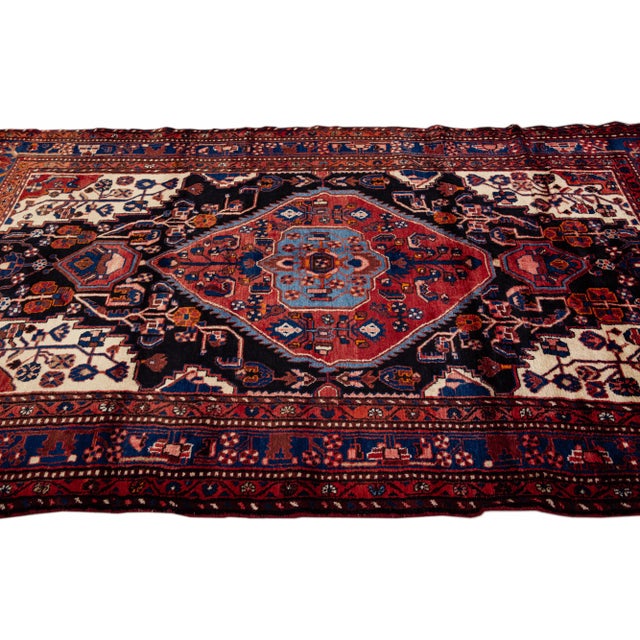 1950s Vintage Handmade Persian Navy Blue Medallion Wool Rug 6'3" X 9'4" For Sale - Image 5 of 11