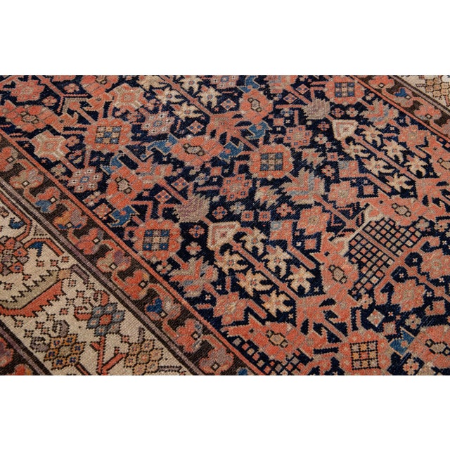 Blue Antique Malayer Handmade Allover Motif Blue and Rust Wool Runner For Sale - Image 8 of 9