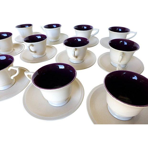 Set of twelve mid-century Montecito duo-tone coffee/ tea cups and saucers in oatmeal and maroon by California Franciscan...