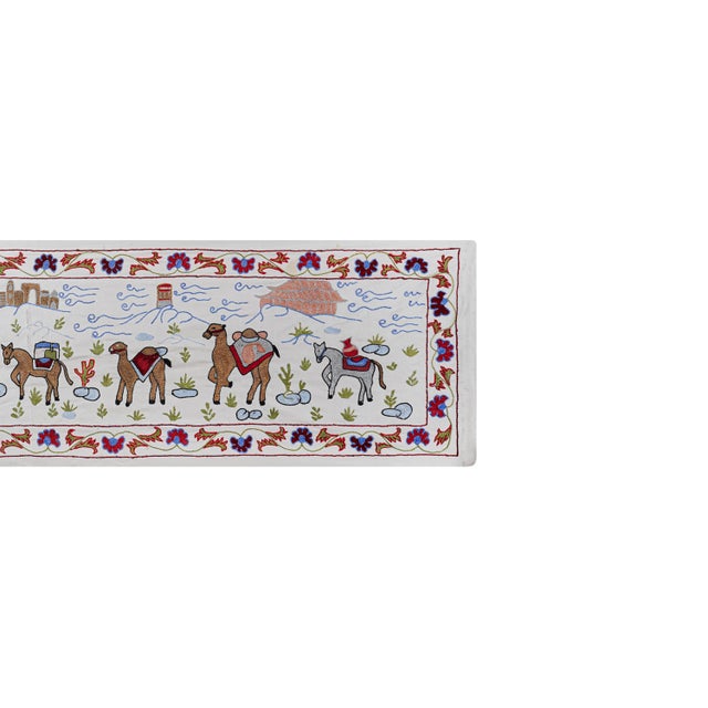 Boho Suzani Table Runner – Camel Caravan Embroidery – Central Asian Folk Art Textile for Rustic & Eclectic Interiors 1'7'' X 6'2'' For Sale - Image 4 of 11