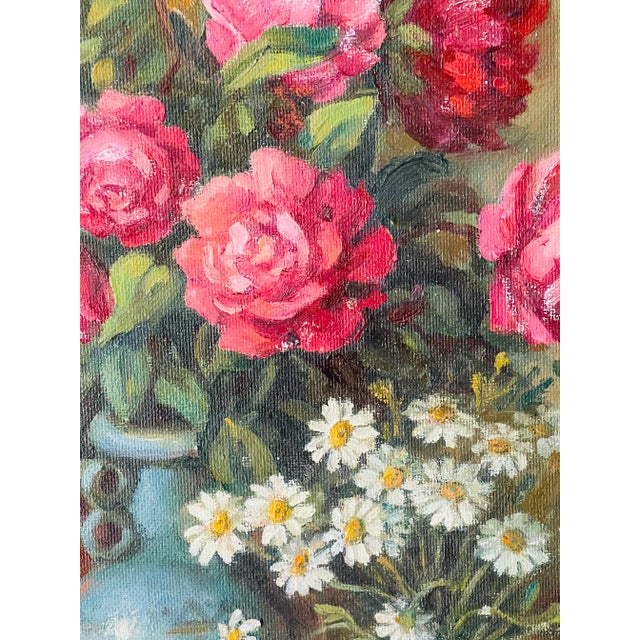 Contemporary 20 Th C Original Oil on Board Still Life With Roses Painting For Sale - Image 3 of 4