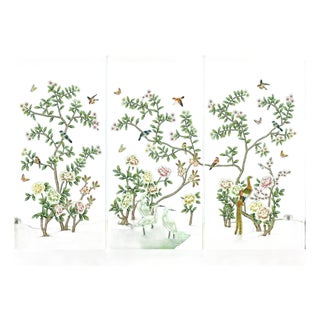 W24"*h48"/Panel * a Set of 3 Panels Peony on Light Blue Tea Paper, Wall Artwork, Painting, No Frame, Tea Wallpaper For Sale