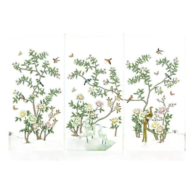 W24"*h48"/Panel * a Set of 3 Panels Peony on Light Blue Tea Paper, Wall Artwork, Painting, No Frame, Tea Wallpaper For Sale
