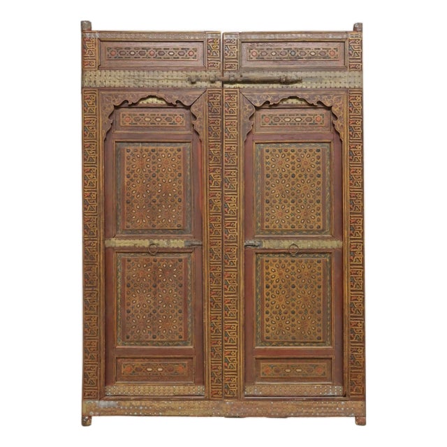 Large Antique Moroccan Doors Red Polychrome Painted Wood Architectural Salvage - A Pair For Sale