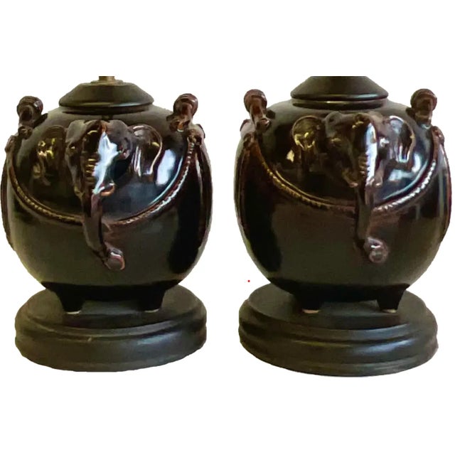 Vintage Glazed Ceramic Elephant Lamps - a Pair For Sale - Image 11 of 12