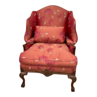 Red Floral Upholstered Wingback Chair For Sale