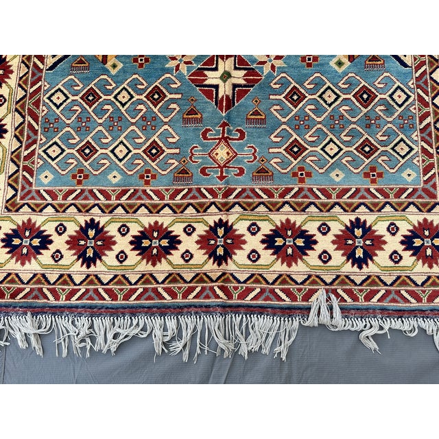 Hand-Knotted Blue and Red Afghan Medallion Wool Area Rug, 6'9" X 5'0 For Sale - Image 11 of 12