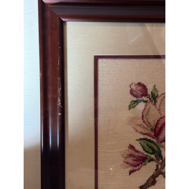 Vintage Framed Cross Stitch Magnolia Flower Botanical Art 23"x23" Professionally Framed Needlepoint Embroidery For Sale - Image 4 of 11