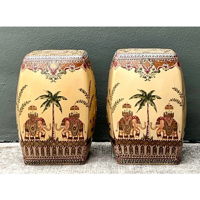 Vintage Glazed Ceramic Elephant Low Stools - A Pair For Sale - Image 9 of 12